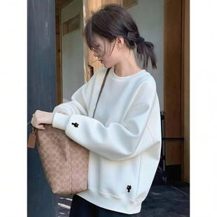 秋冬季新款设计感加绒白色无帽卫衣女宽松大码中长款圆领保暖上衣