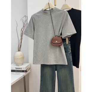 2026新款韩版通勤风半高领正肩短袖t恤女宽松打底衫浅灰色上衣ins