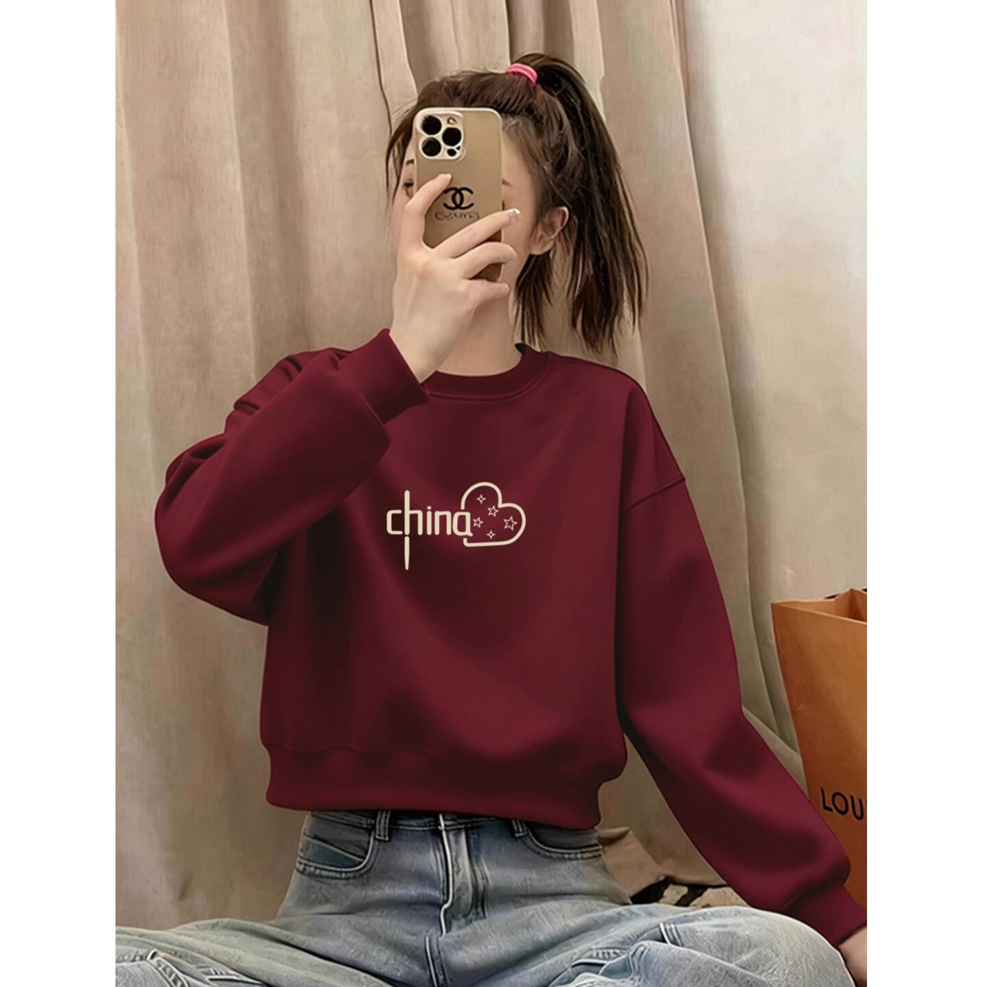 韩版酒红色圆领短款卫衣女秋冬季保暖宽松套头加绒加厚长袖上衣潮