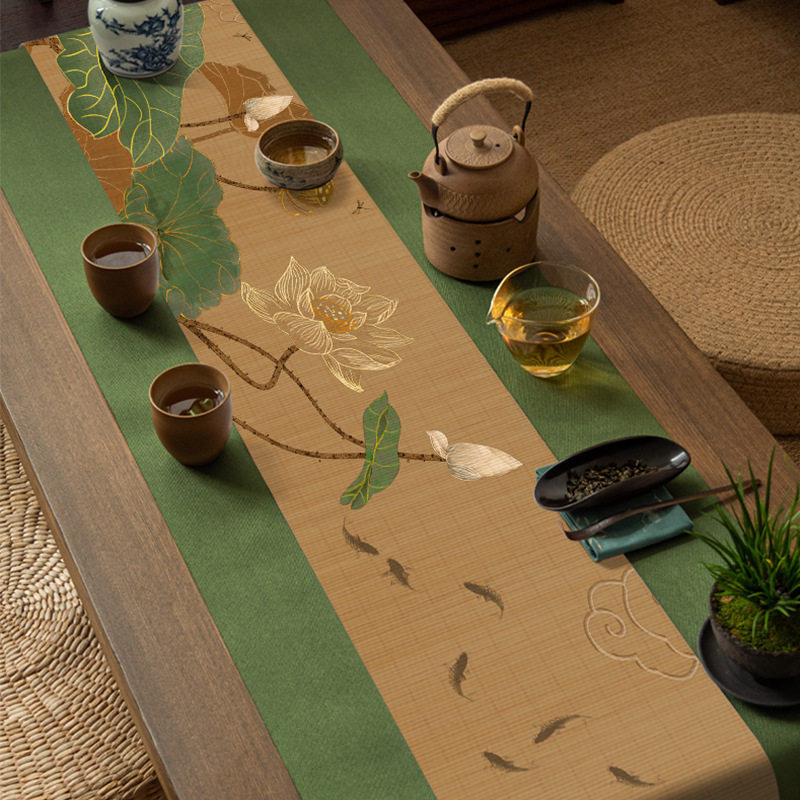 荷花九鱼图茶棋竹编茶席新中式茶整套茶具