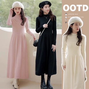 孕妇法式小个子内搭针织连衣裙加厚配大衣秋冬季半高领过膝毛衣裙