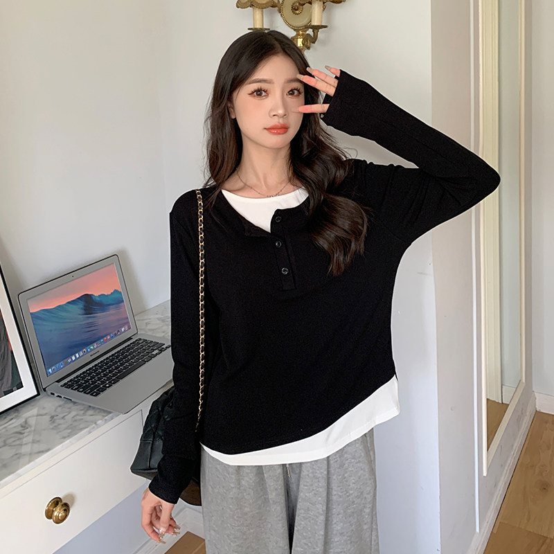 孕妇装秋冬正肩长袖针织衫遮肚子假两件小衫圆领小排扣纯色上衣女