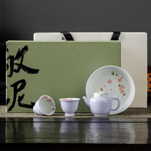 手绘蝶恋花 盖钮本金描绘 宫灯壶小套组（1壶2杯1壶承）两人饮