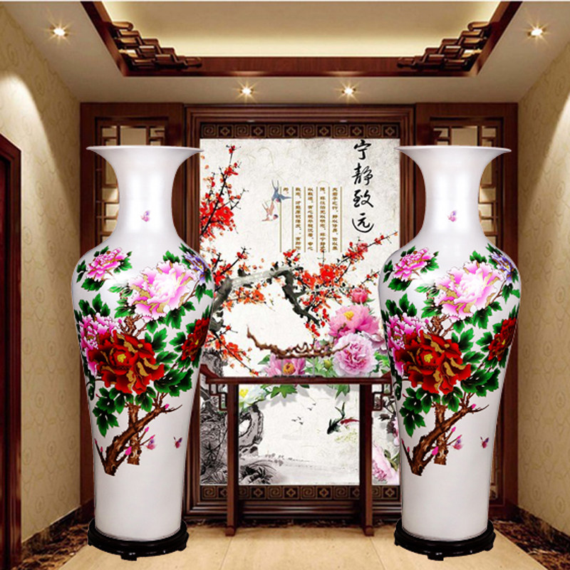 景德镇陶瓷器水晶釉大花瓶 金色牡丹落地花瓶客厅新房家居大摆件