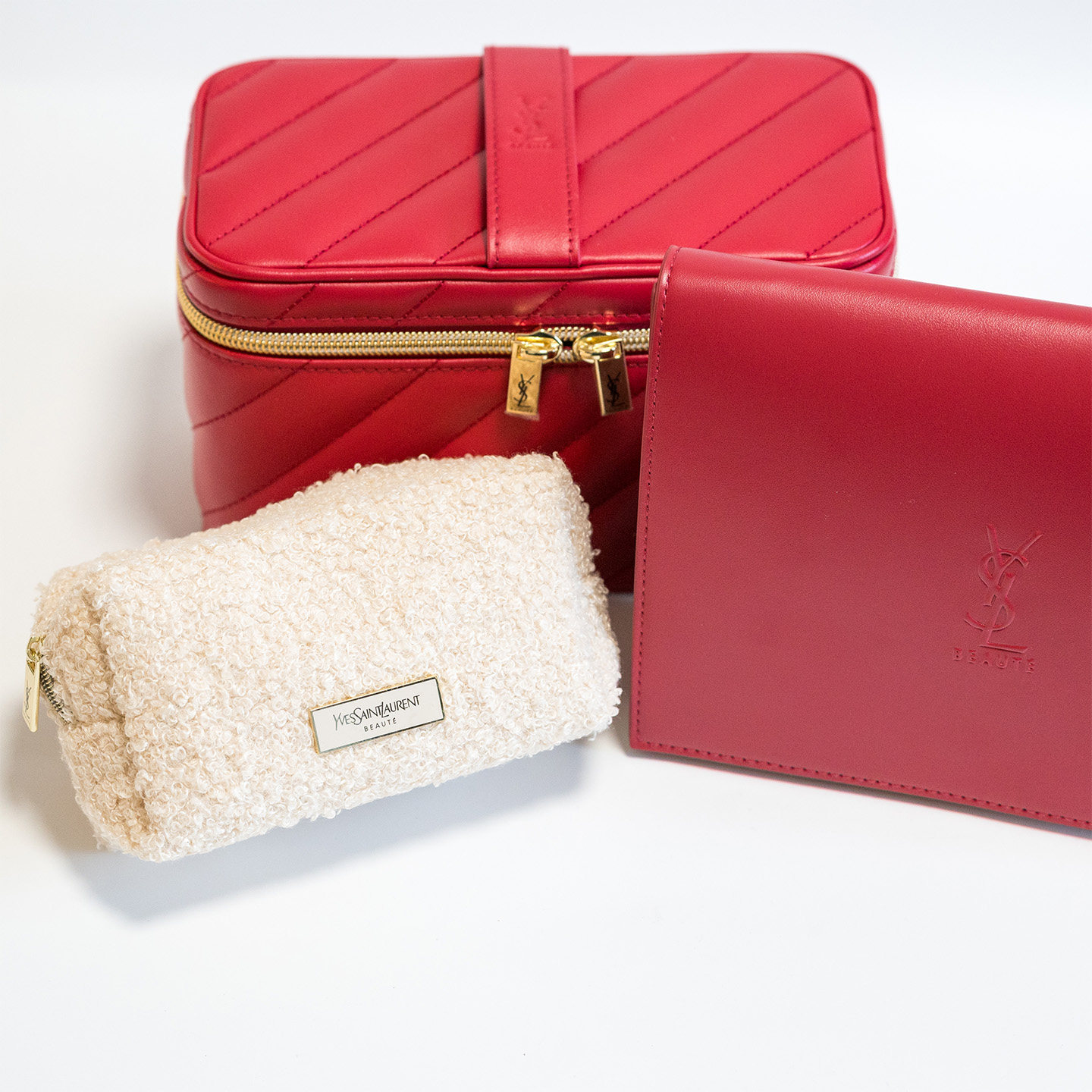 YSL圣罗兰毛绒米色红色皮质化妆包红色皮质化妆箱收纳包 国柜赠品