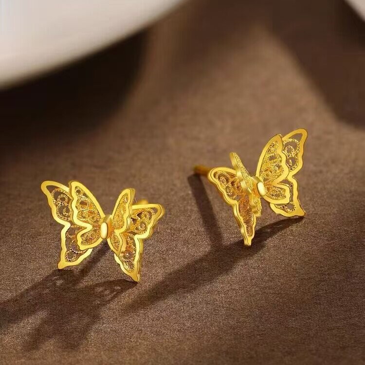 奥特莱斯18K金古法金手工轻奢小众感镂空花丝双层蝴蝶耳钉个性精
