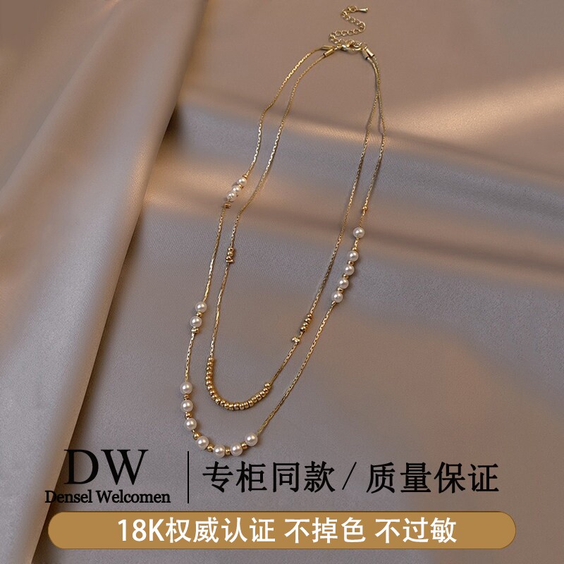 奥特莱斯专柜捡漏海外撤柜18K金珍珠项链女双层叠戴锁骨链颈链