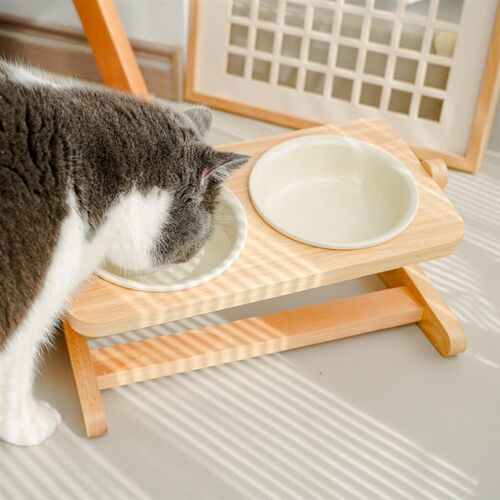 可调节高度斜口陶瓷猫碗带实木碗架增高支架狗碗猫咪碗保护颈椎用