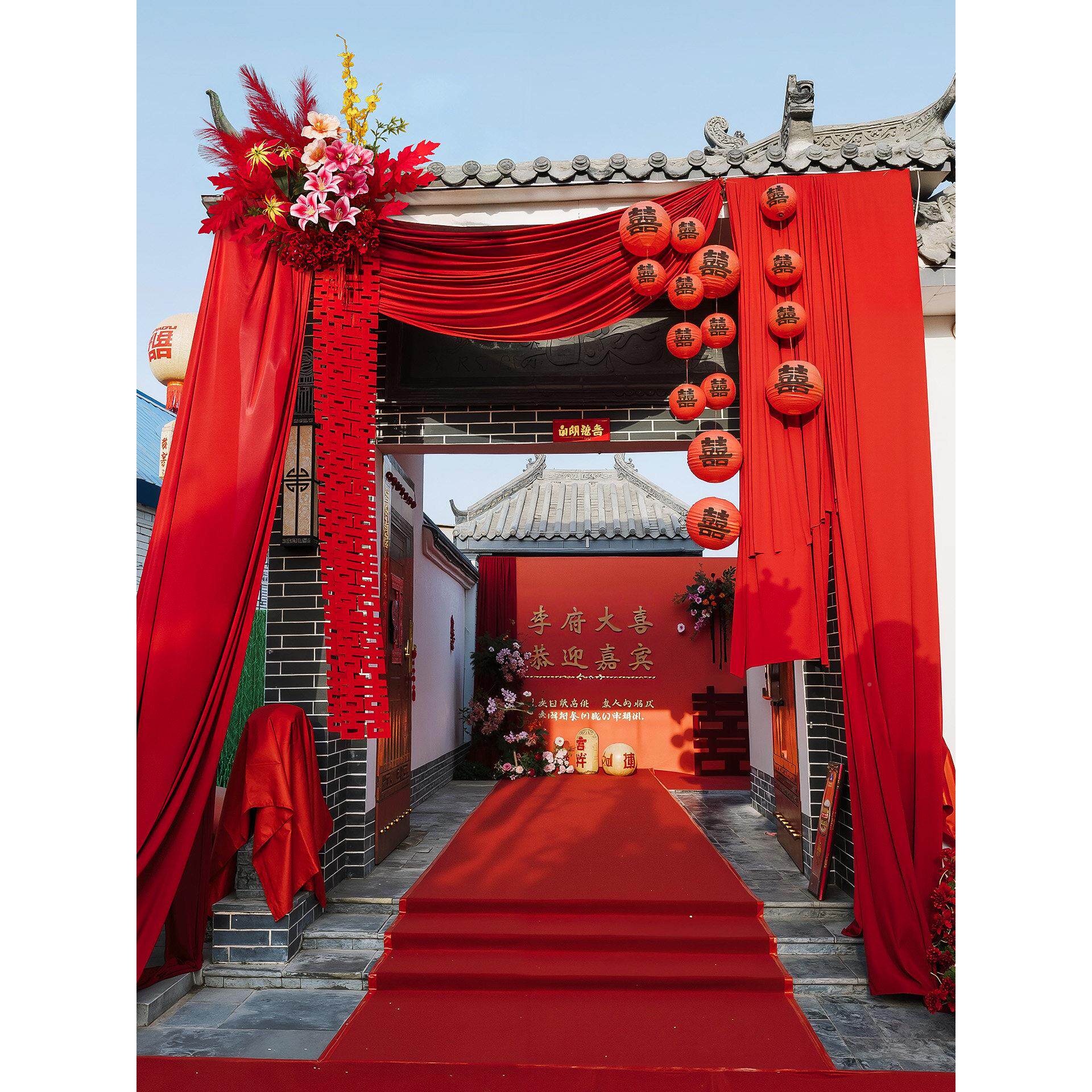 村结婚装院子饰男女方自建房方大门口布幔喜字拉花婚农礼场景/布