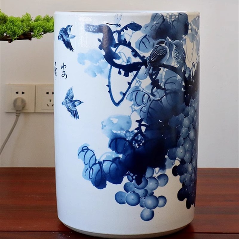 青花瓷书画缸卷轴收纳客厅摆设 景德镇陶瓷新中式落地款花瓶 居家