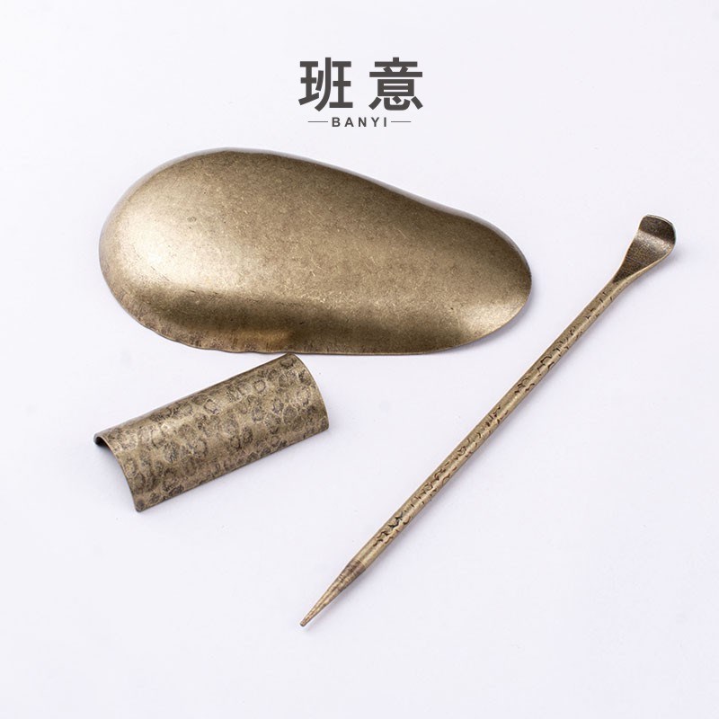 班意铜茶则三件套手工锻打赏茶荷茶勺茶铲黄铜茶道配件功夫茶具