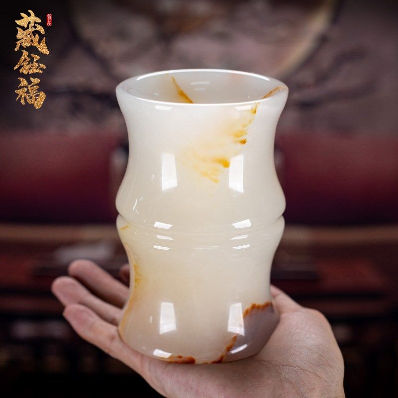 玉石笔筒书房办公室玉雕装饰摆件文房四宝圆筒花器送老师创意礼品