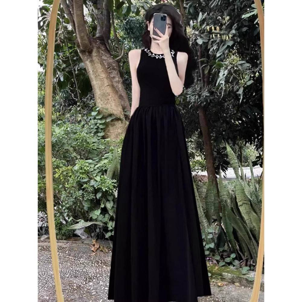 气质连衣裙夏季晚礼服修身黑色无袖高腰赫本风格小黑裙利基长裙图片