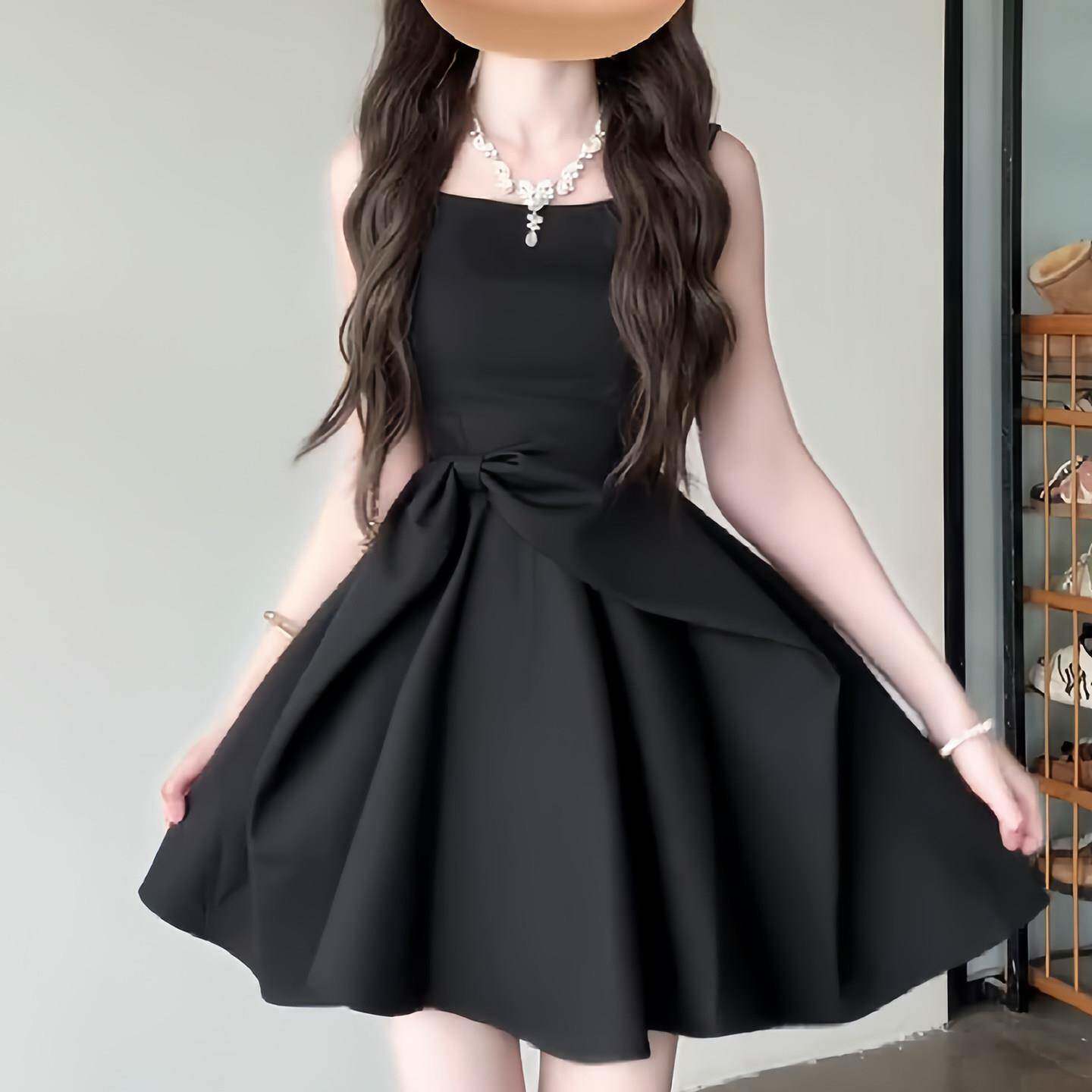 韩系独特漂亮的黑色洋装女夏季千金感蝴蝶结掐腰显瘦短款背心裙