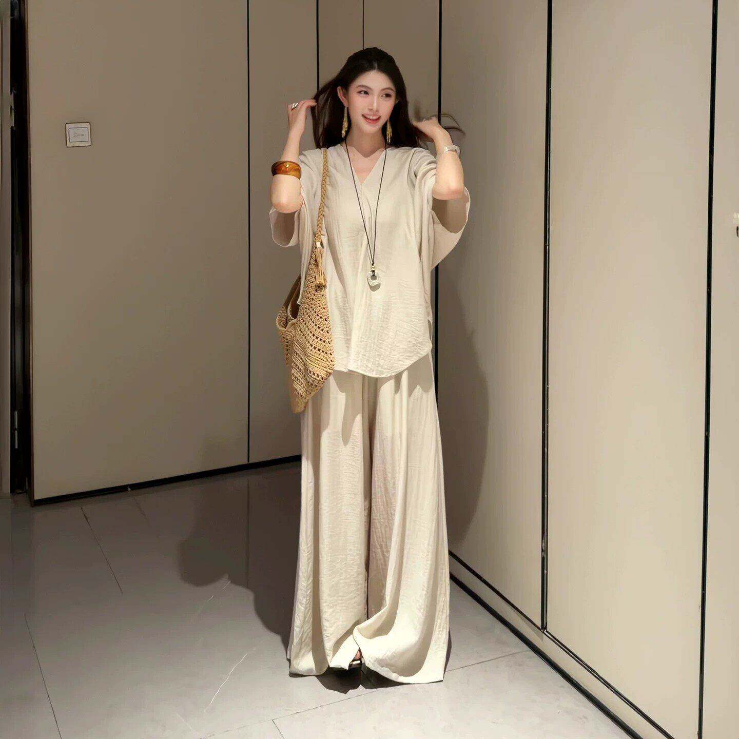 今年流行超火套装天丝禅意上衣宽松裙裤两件套夏季慵懒松弛套装女