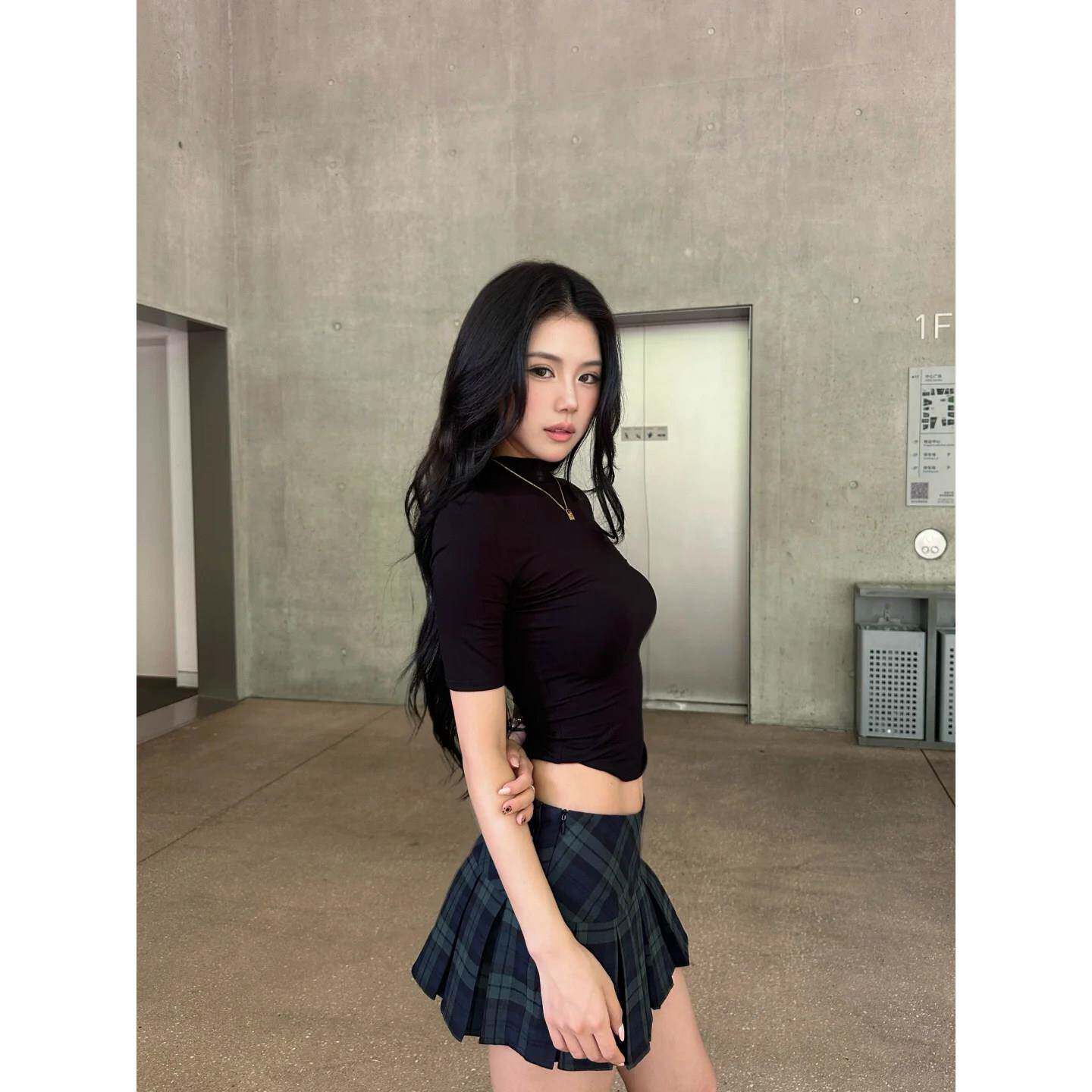 辣妹设计感小众复古绿格超短低腰美式jk防走光百褶短裙夏半身裙女