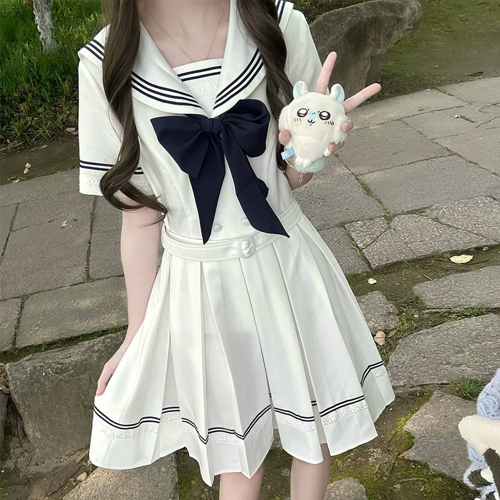 布丁熊原创JK制服学院风海军领高腰绑带连衣裙女夏季收腰显瘦中裙