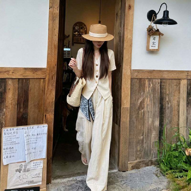 老钱风亚麻套装女2026夏季新款气质西装阔腿裤两件套轻熟风穿搭