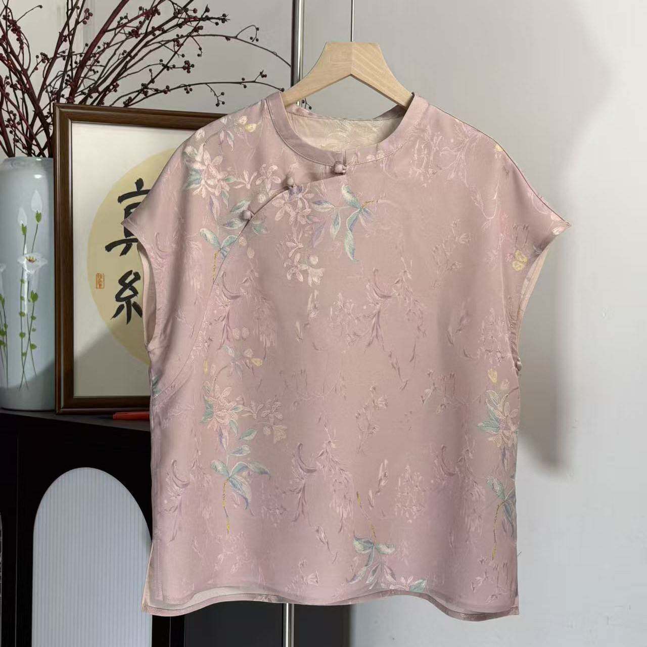 月禾女装新中式100分桑蚕丝真丝万事利杭罗对花斜襟上衣26新款夏
