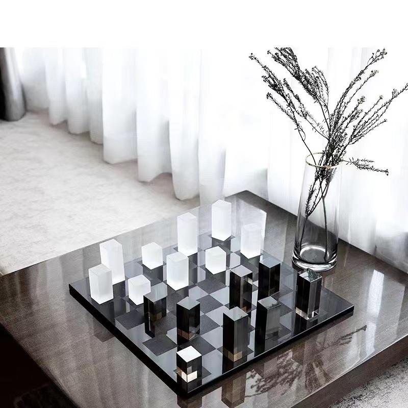 现代简约创意磨砂电镀水晶棋盘轻奢软装饰品摆件客厅售楼处摆设