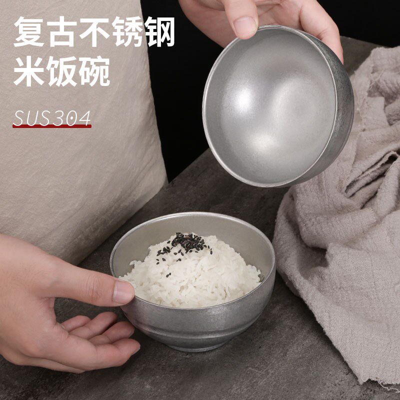 复古304不锈钢米饭碗双层防烫汤碗商用韩式料理小碗雪花砂灰圆碗