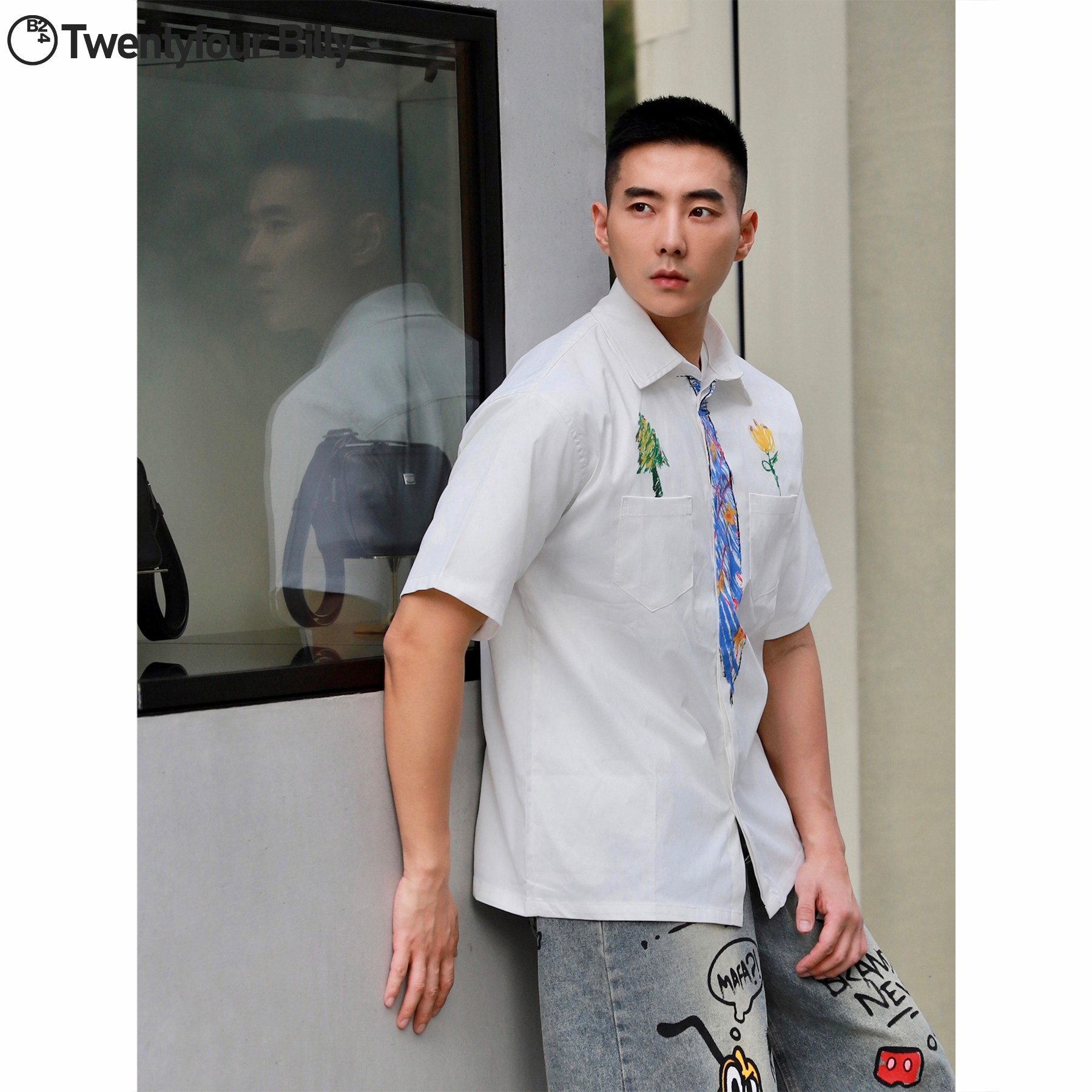 夏季宽松手绘涂鸦短袖衬衫男