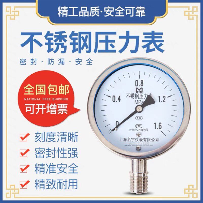 Y100BF不锈钢316L压力表耐腐蚀耐强酸耐高温4分水压液压气压油1.6