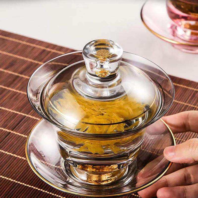 日式彩色金箔盖碗个性创意办公室茶室用耐热玻璃茶具茶杯茶器