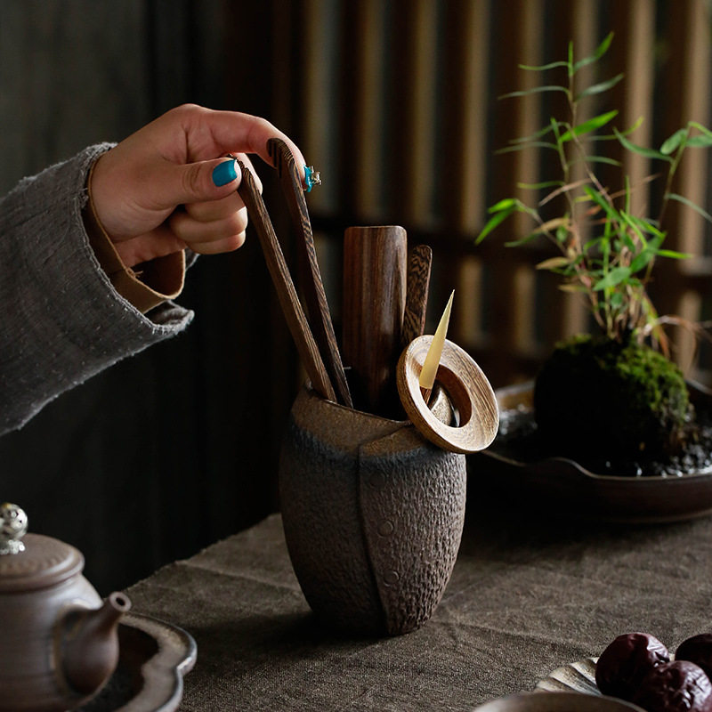 陶瓷粗陶茶筒实木六君子套装 鸡翅木茶道六君子功夫茶具配件