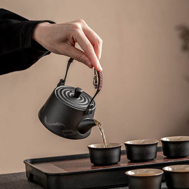 粗提梁壶多杯盘户外套装粗陶提梁含旅行包陶煮茶器卡茶式炉便携具