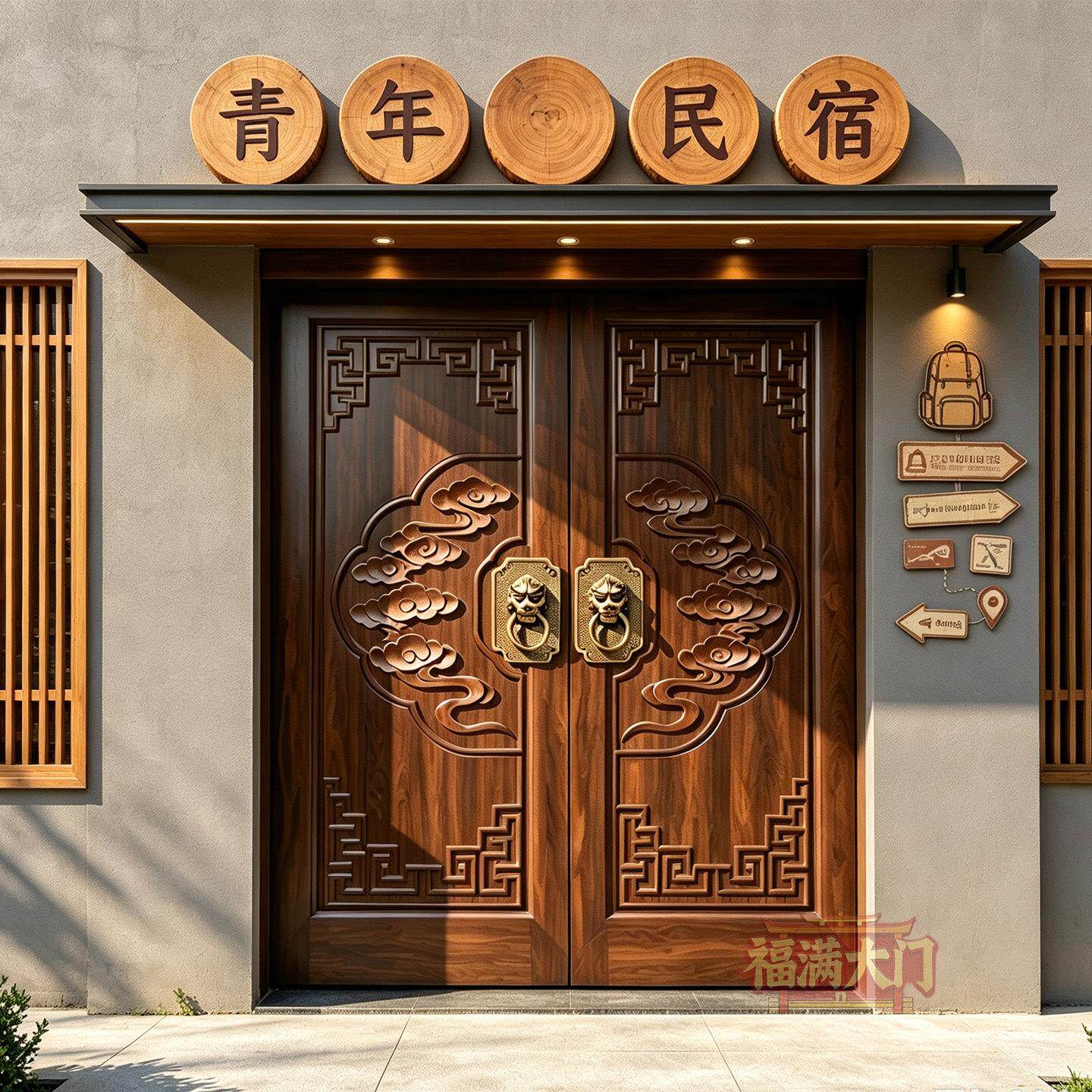 中式实木大浮门院双开墅大门祥云雕YZ-0456菠萝格大门别自建房入