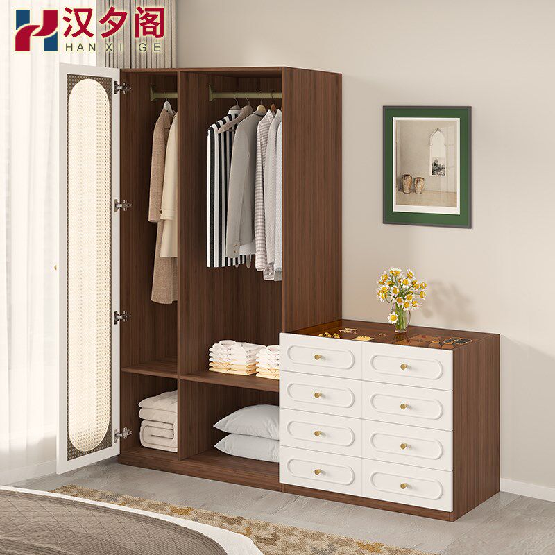 中古风仿藤色藤编衣柜床尾斗柜一体挂衣小户型卧室衣帽收纳架1A63