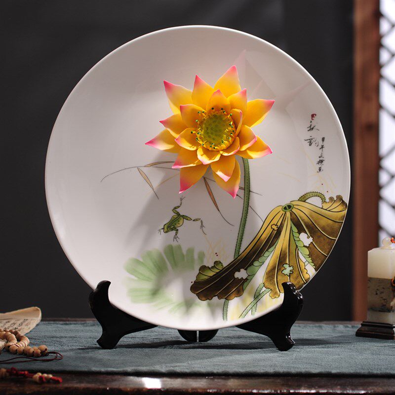 新中国风莲花禅宗摆件入口陶瓷摆件悬挂坐板创意古架子工艺品摆件