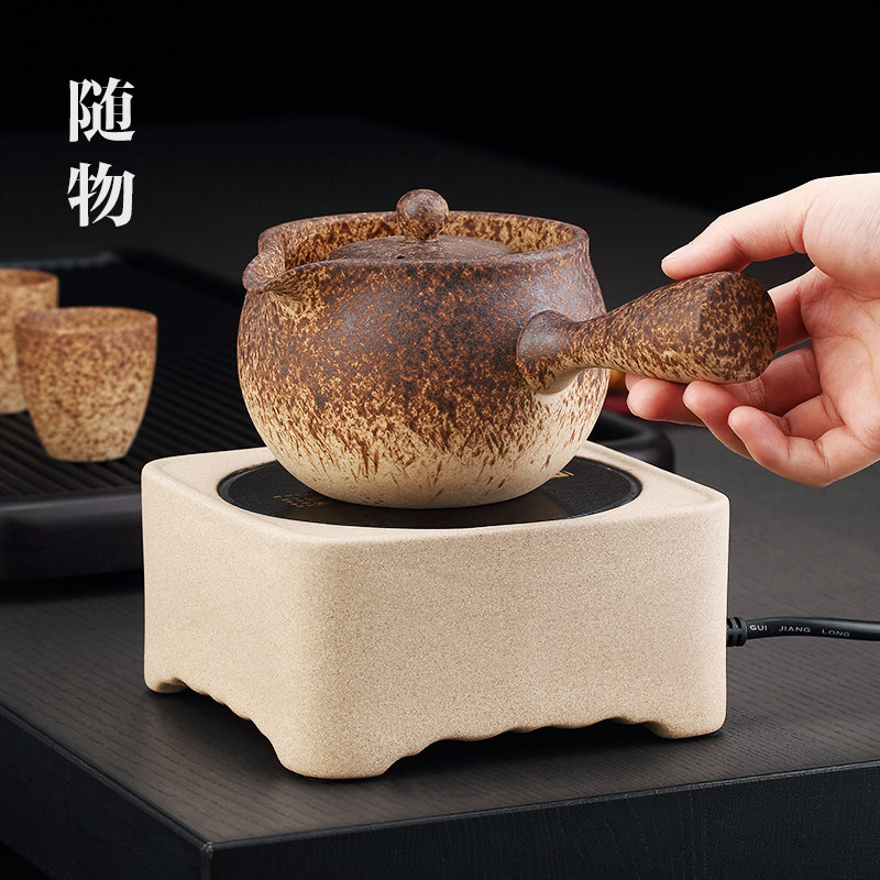 麦饭石陶壶侧把煮茶壶古法煮茶器陶瓷电陶炉炭火炉白茶围炉煮茶炉