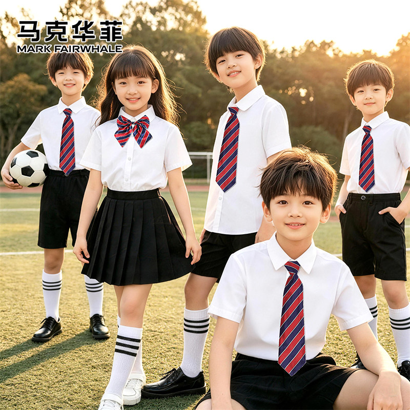 马克华菲儿童短袖纯白色衬衫小学生夏棉衬衣男女童幼儿园小学校服