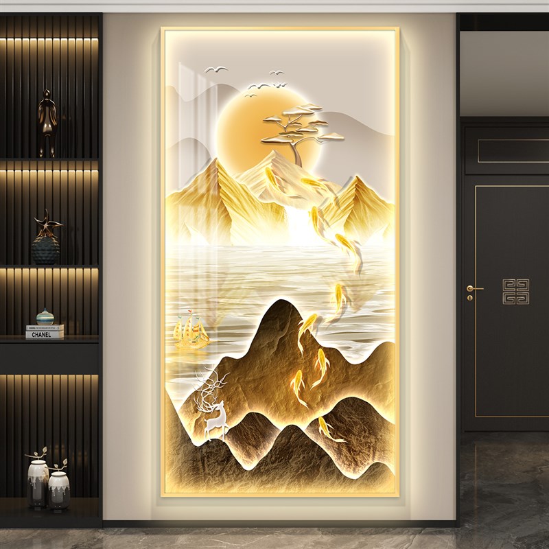 九鱼图玄关装饰画入户正对门轻奢带灯山水画日照金山走廊过道挂画