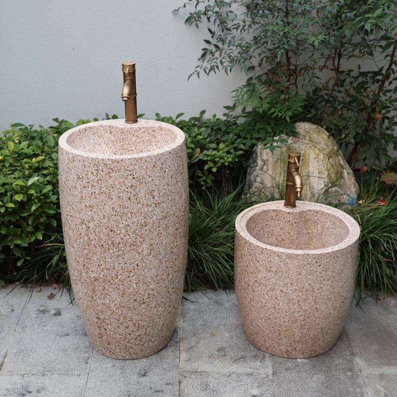 室外大理石材洗手台盆庭院水池花园立柱盆户外石头落地式洗脸水槽