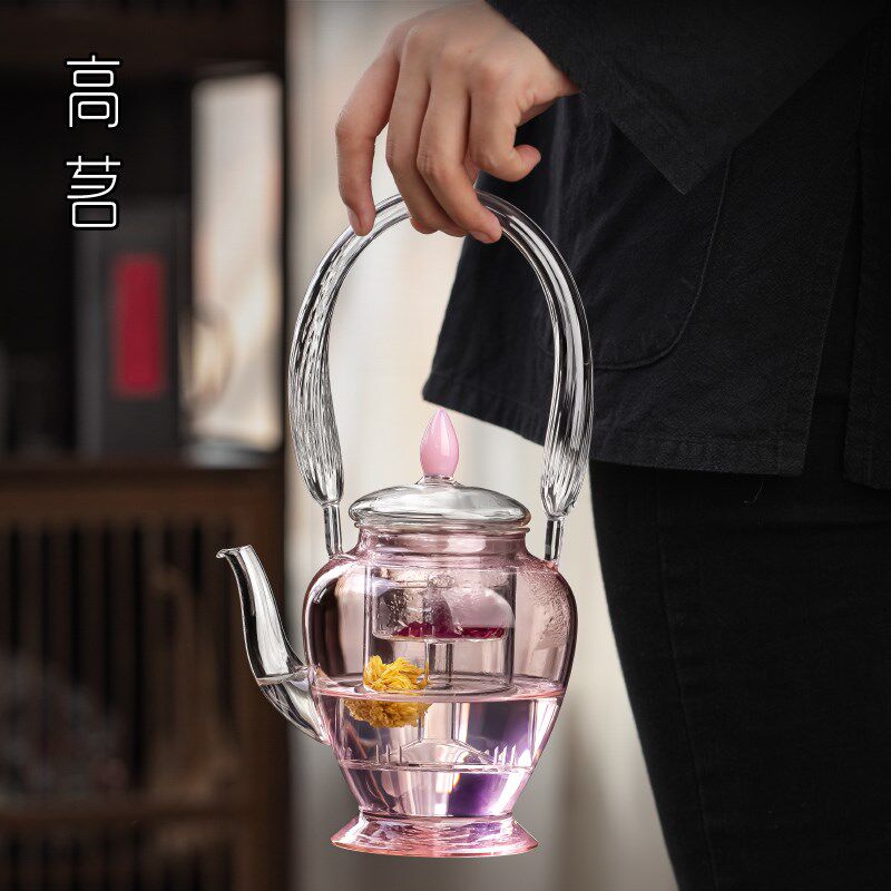 玻璃烧水壶2024新款女士粉红色煮茶壶家用花茶壶明火提梁壶耐高温