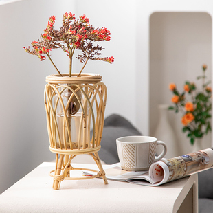 藤编花架套玻璃花瓶水养玫瑰百合富贵竹餐桌干花鲜花插花摆件摆台