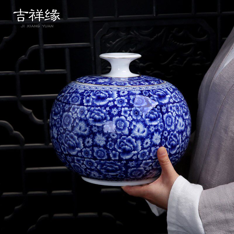青花大号茶叶罐陶瓷2斤4斤装铁观音小青甘散茶缸密封家用存储茶罐