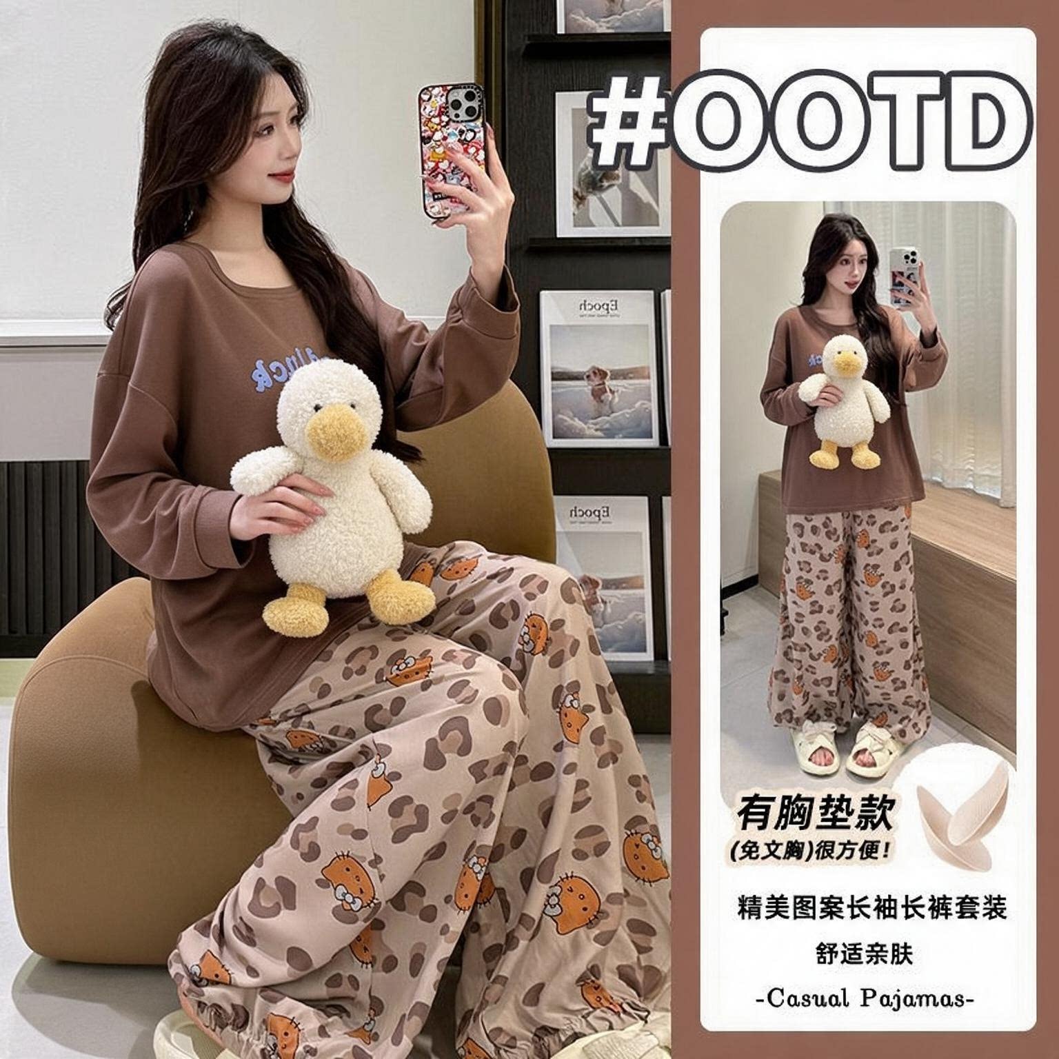 纯棉宽松秋季女带胸垫睡衣套装