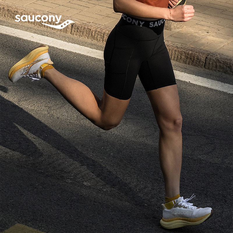 Saucony索康尼女子弹力舒适运动裤时尚高腰针织短裤紧身五分裤