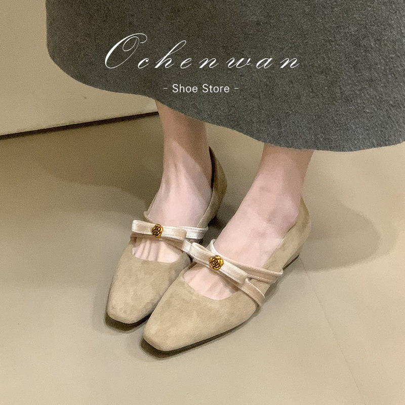 绒面山茶花蝴蝶结坡跟玛丽珍鞋新款复古一字带粗跟单鞋,女鞋,玛丽珍鞋,淘宝优惠券,粉丝福利购,淘宝优惠卷