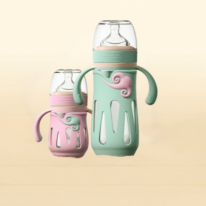 Dorje多吉宝贝玻璃奶瓶防摔硅胶套鸭吸嘴学饮嘴杯120ml180ml240ML