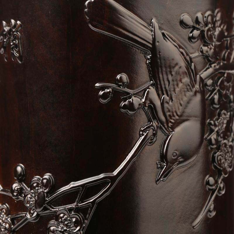 红木浮雕刻笔筒工艺品摆饰木雕刻实木黑檀木质喜上眉梢办公室笔筒