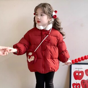 女童红色超好看冬装棉服2025新款女宝冬季加绒厚外套儿童冬季棉袄