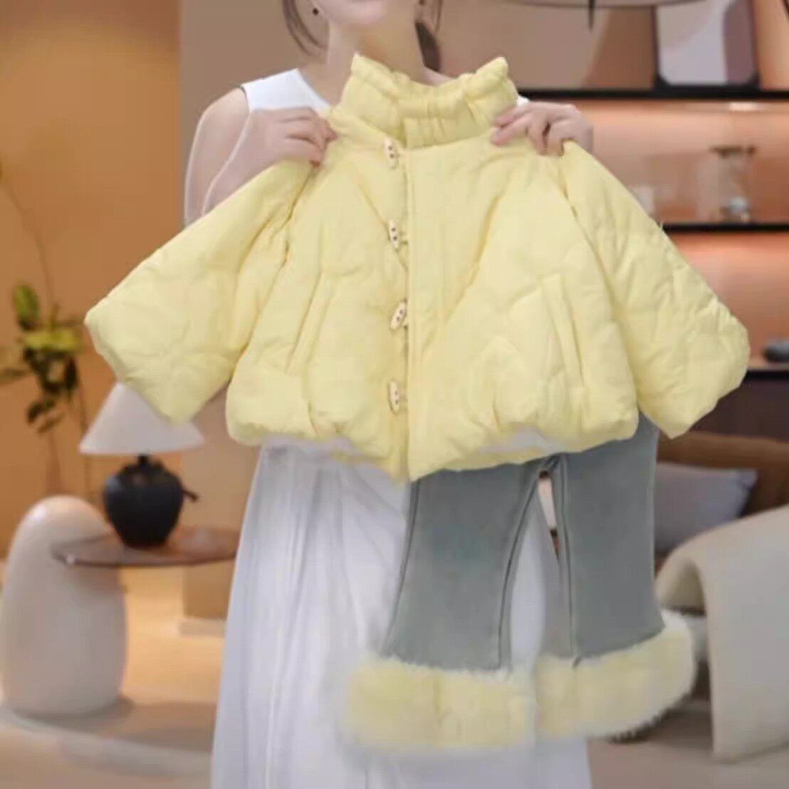 女童冬季套装2025韩版女宝宝加绒加厚棉服外套加绒牛仔裤两件套潮