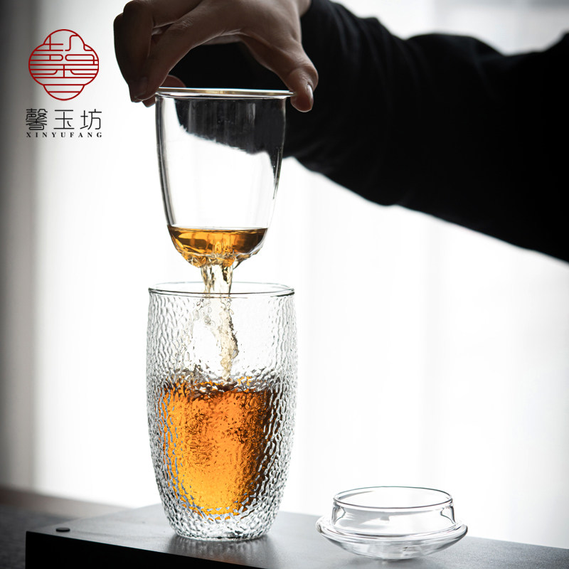 锤纹双层水杯隔热玻璃茶杯耐高温男士家用带盖茶水分离泡茶杯子女