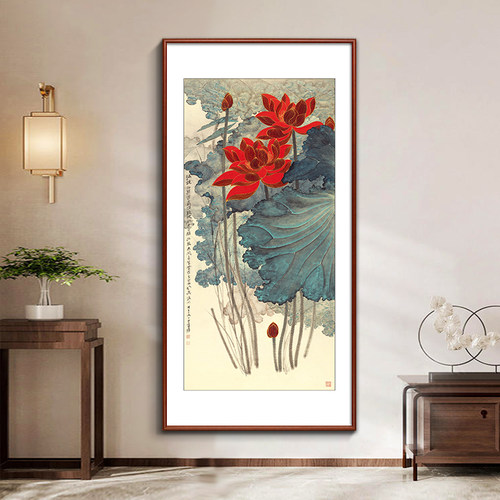 张大千金线荷花玄关装饰画竖版花鸟挂画走廊过道壁画新中式古典画