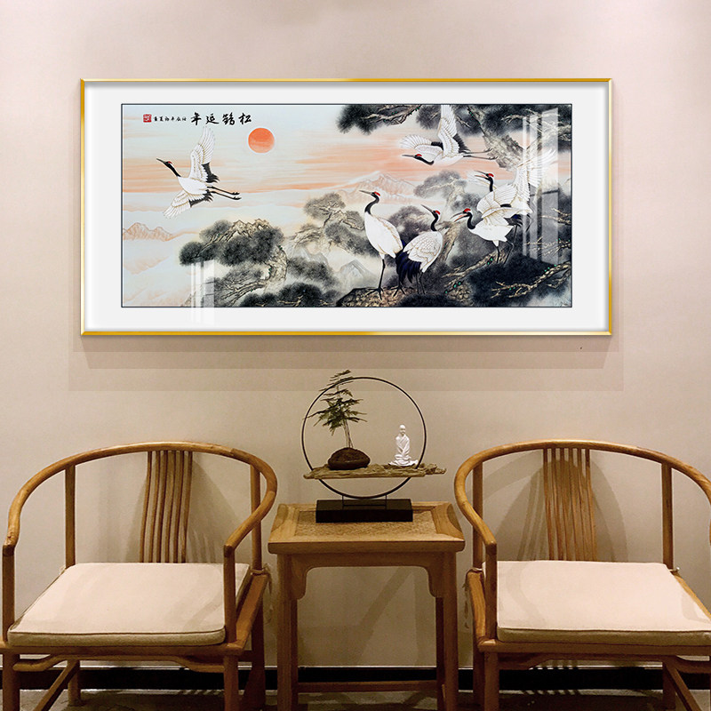网红松鹤延年仙鹤图客厅挂画新中式书房装饰画茶室壁画玄关卧室晶
